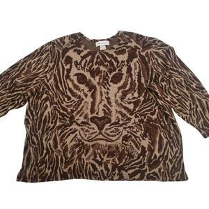 C.D. Daniels Womens 3X Tiger Print Sweater Boxy Boho Wildlife‎ Cat Brown